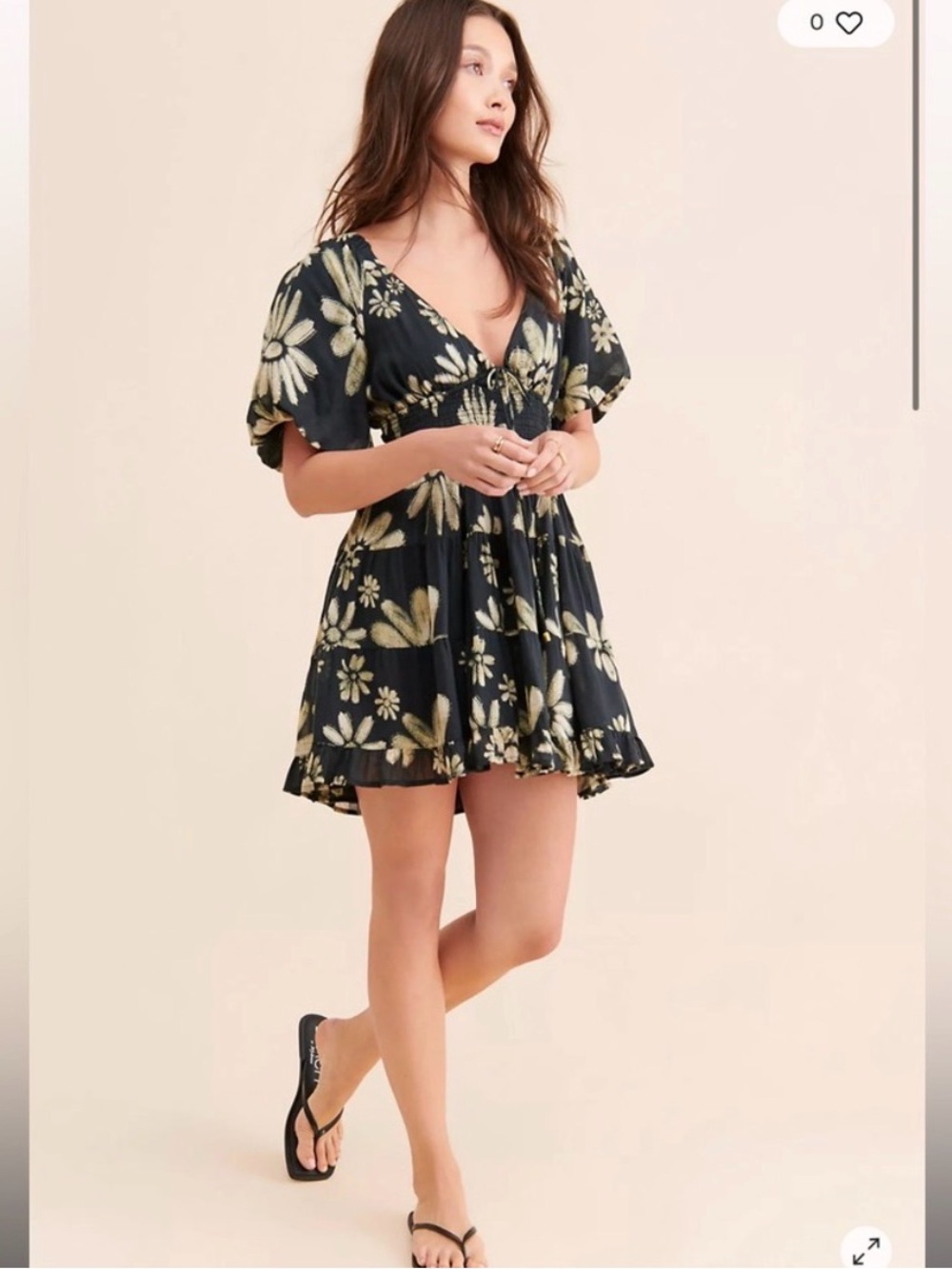 Free People Perfect Day Floral V-Neck Short Dress in Black and Cream size S